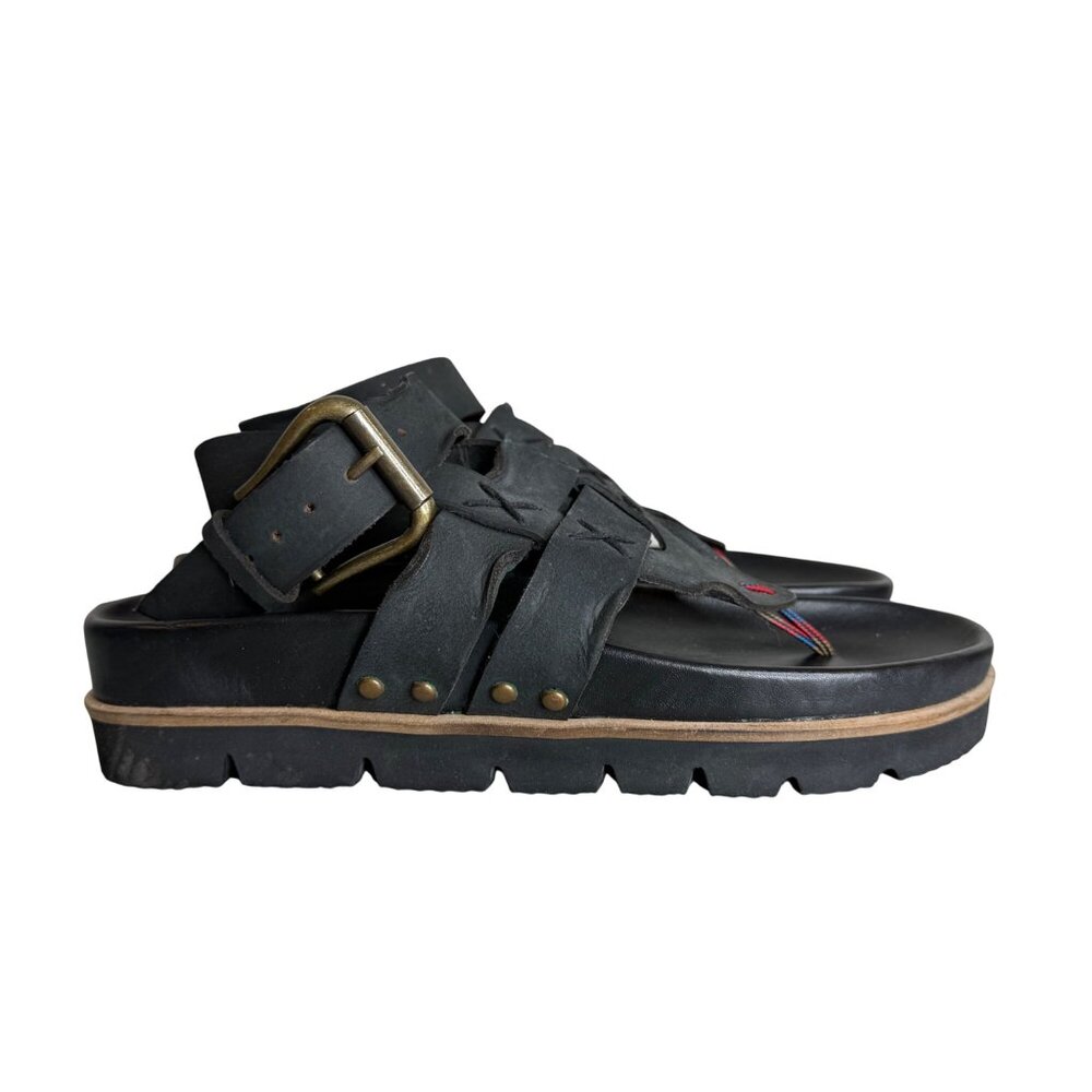 Free People Black Leather Platform Slide Sandals with Brass Buckle